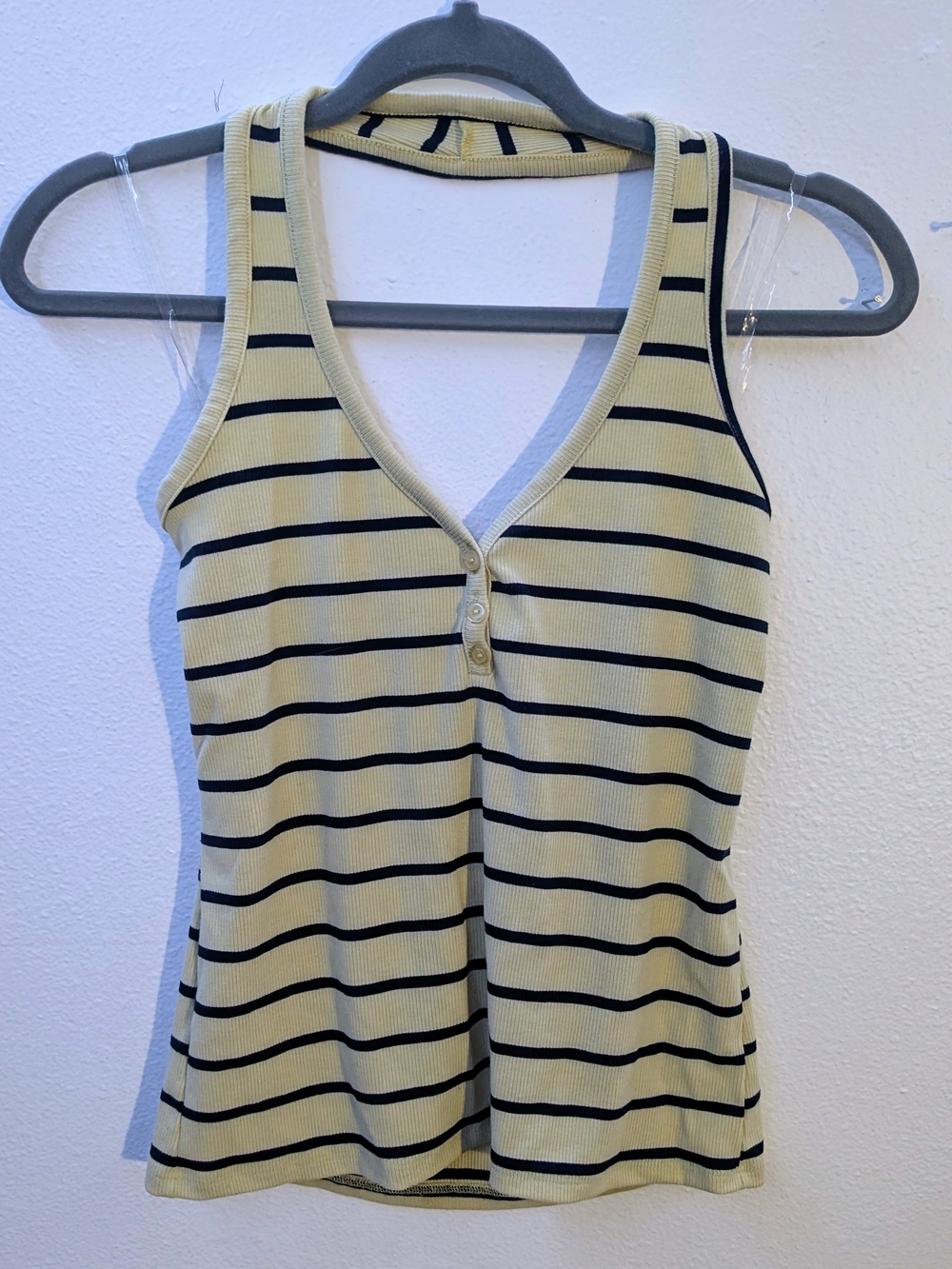 Women's Small Striped V-Neck Ribbed Halter Style Tank Top - Yellow And Navy